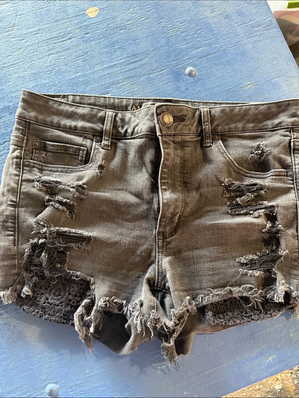 American Eagle Outfitters Black Distressed Lace-Trim Denim Shorts